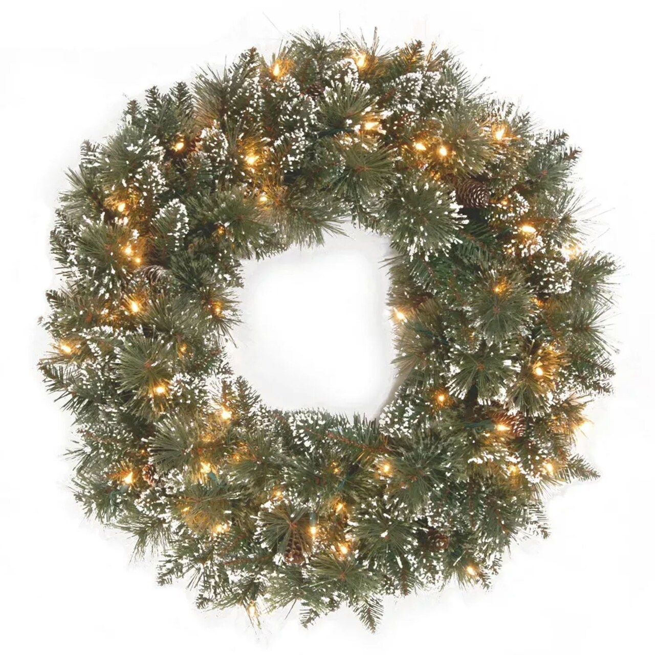 Prelit Glittery Bristle Pine Artificial Christmas Wreath with Clear Lights 24 Inch